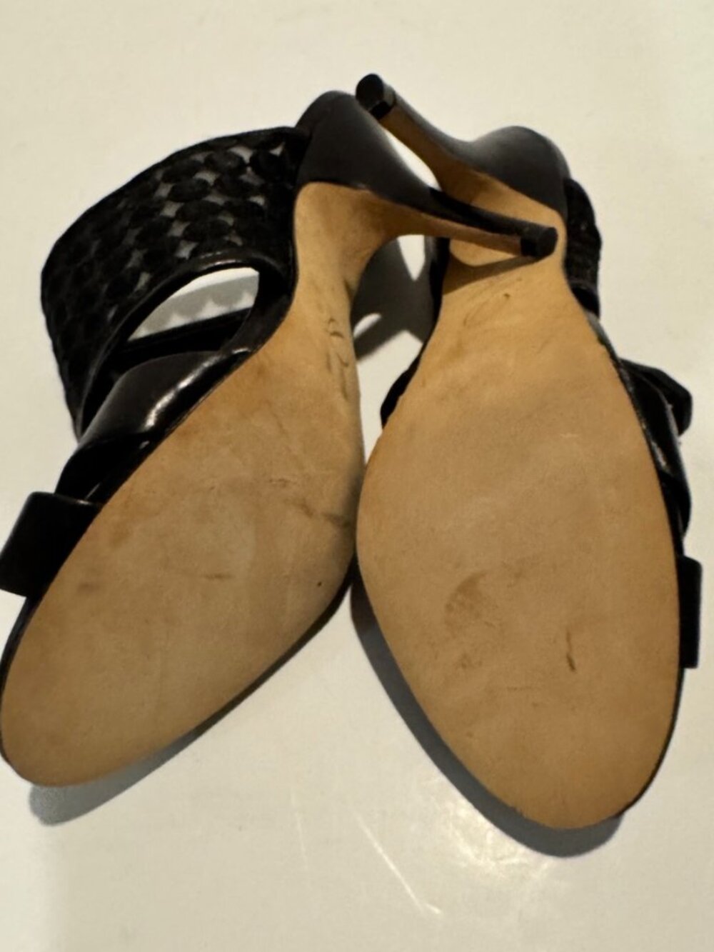Delman Women's Black High-Heel Sandals w/Mesh Overlay and Leather Straps, Size 9 - Picture 6 of 7